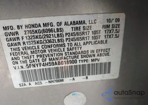 2010 Honda Pilot Ex-L from USA, damaged, VIN 5FNYF4H59AB018900